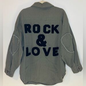 Sweet Lovely by Jen Army Green Jacket with Black Rock & Love Text on Back Size L